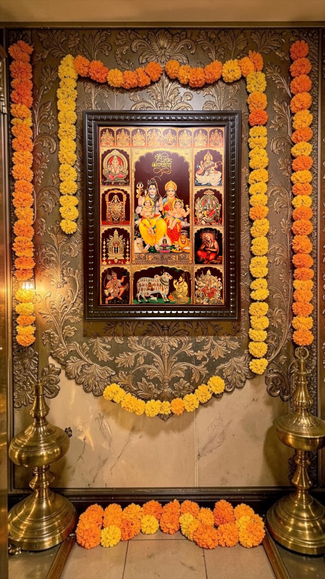Shiva Parivar with Ashtalakshmi & 10 Divine Gods Gold Leaf Art | Premium Wooden Frame Wall Decor for Pooja Room.
