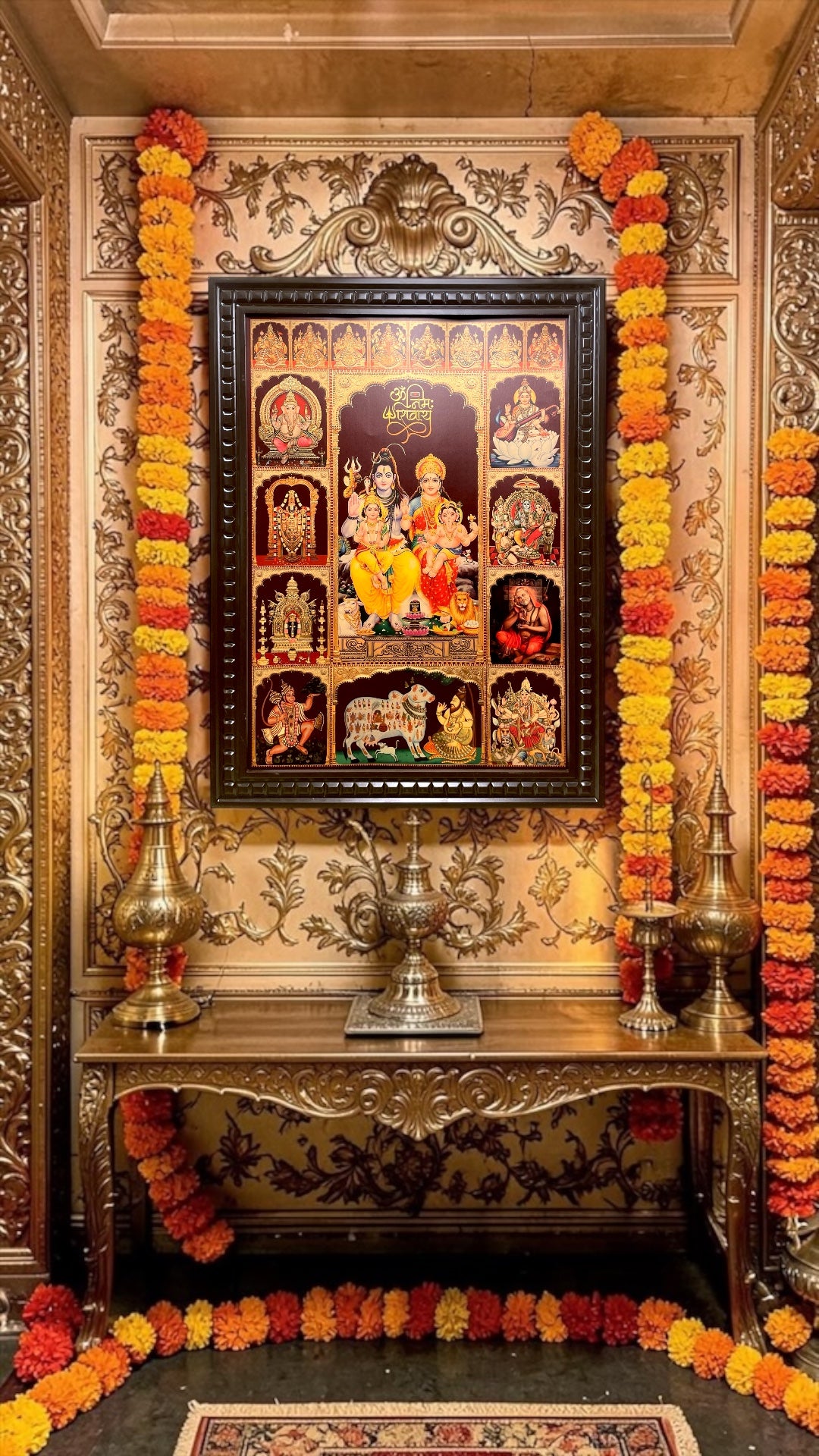 Shiva Parivar with Ashtalakshmi & 10 Divine Gods Gold Leaf Art | Premium Wooden Frame Wall Decor for Pooja Room.