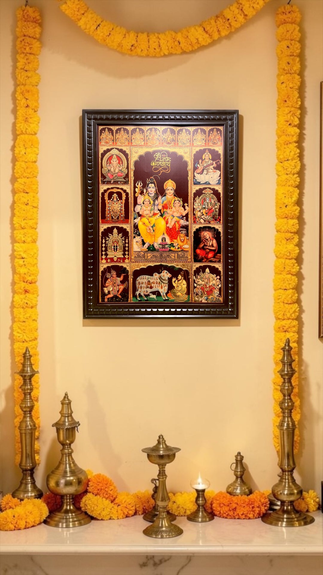 Shiva Parivar with Ashtalakshmi & 10 Divine Gods Gold Leaf Art | Premium Wooden Frame Wall Decor for Pooja Room.