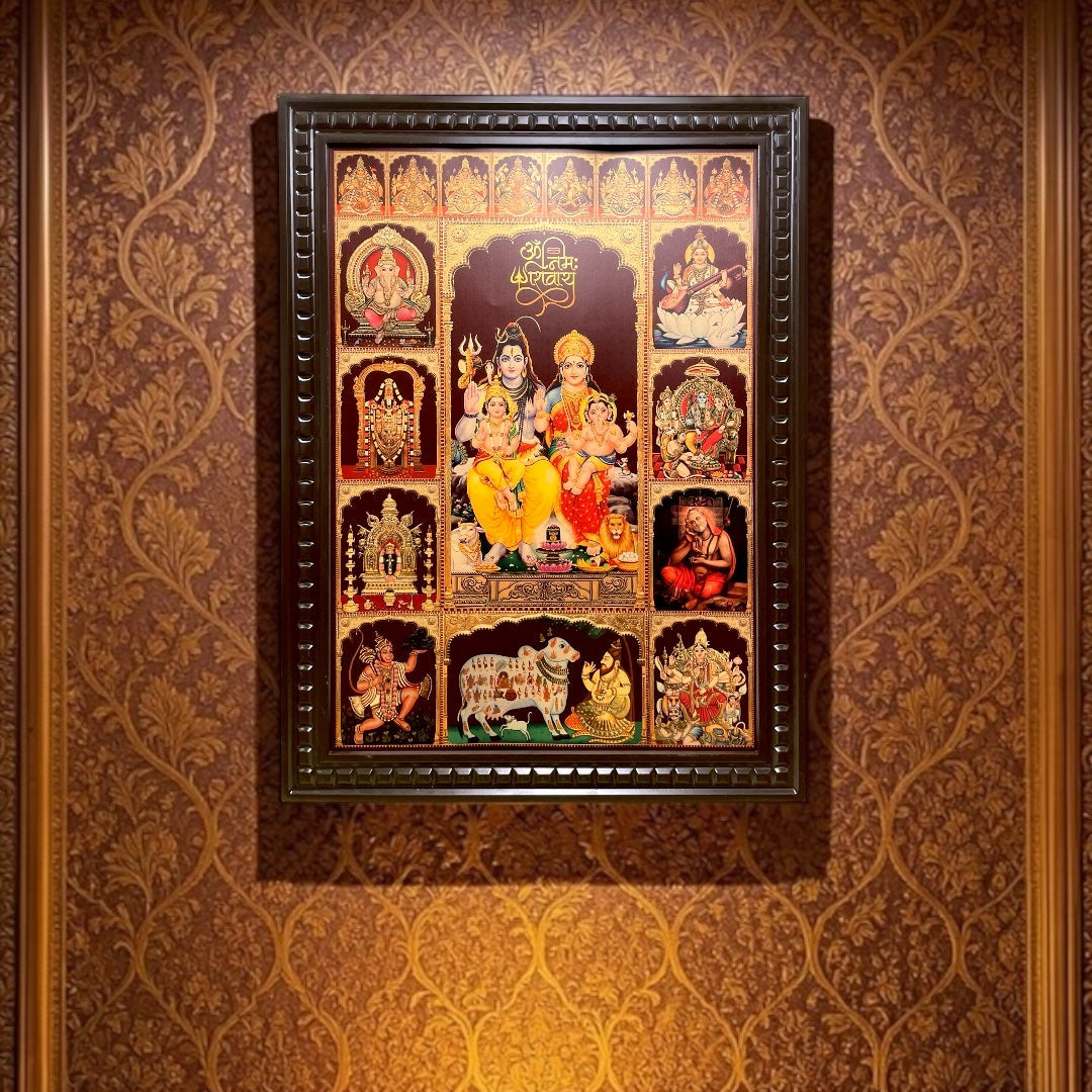 Shiva Parivar with Ashtalakshmi & 10 Divine Gods Gold Leaf Art | Premium Wooden Frame Wall Decor for Pooja Room.