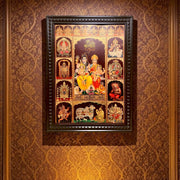Shiva Parivar with Ashtalakshmi & 10 Divine Gods Gold Leaf Art | Premium Wooden Frame Wall Decor for Pooja Room.