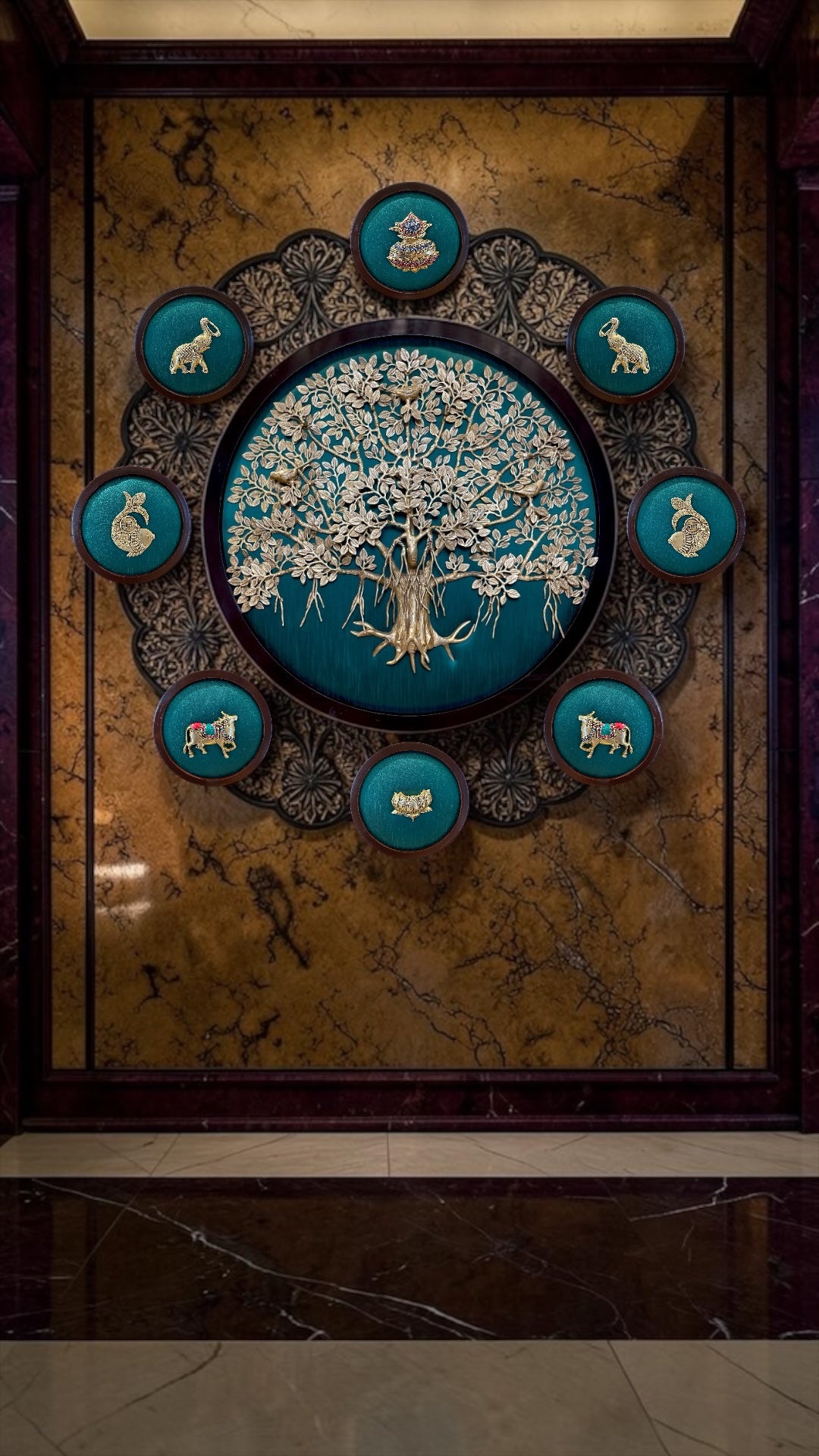 Brass Kalpavriksha Wall Art with 8 Auspicious Elements | Green Silk Backdrop Wooden Frame.