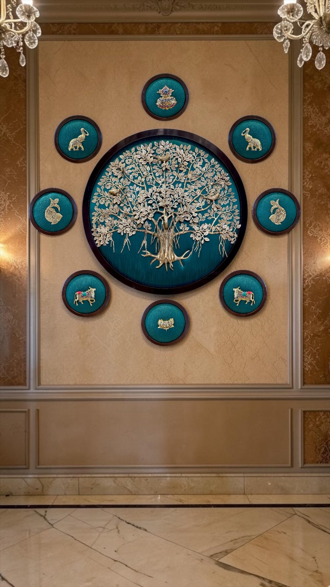 Brass Kalpavriksha Wall Art with 8 Auspicious Elements | Green Silk Backdrop Wooden Frame.