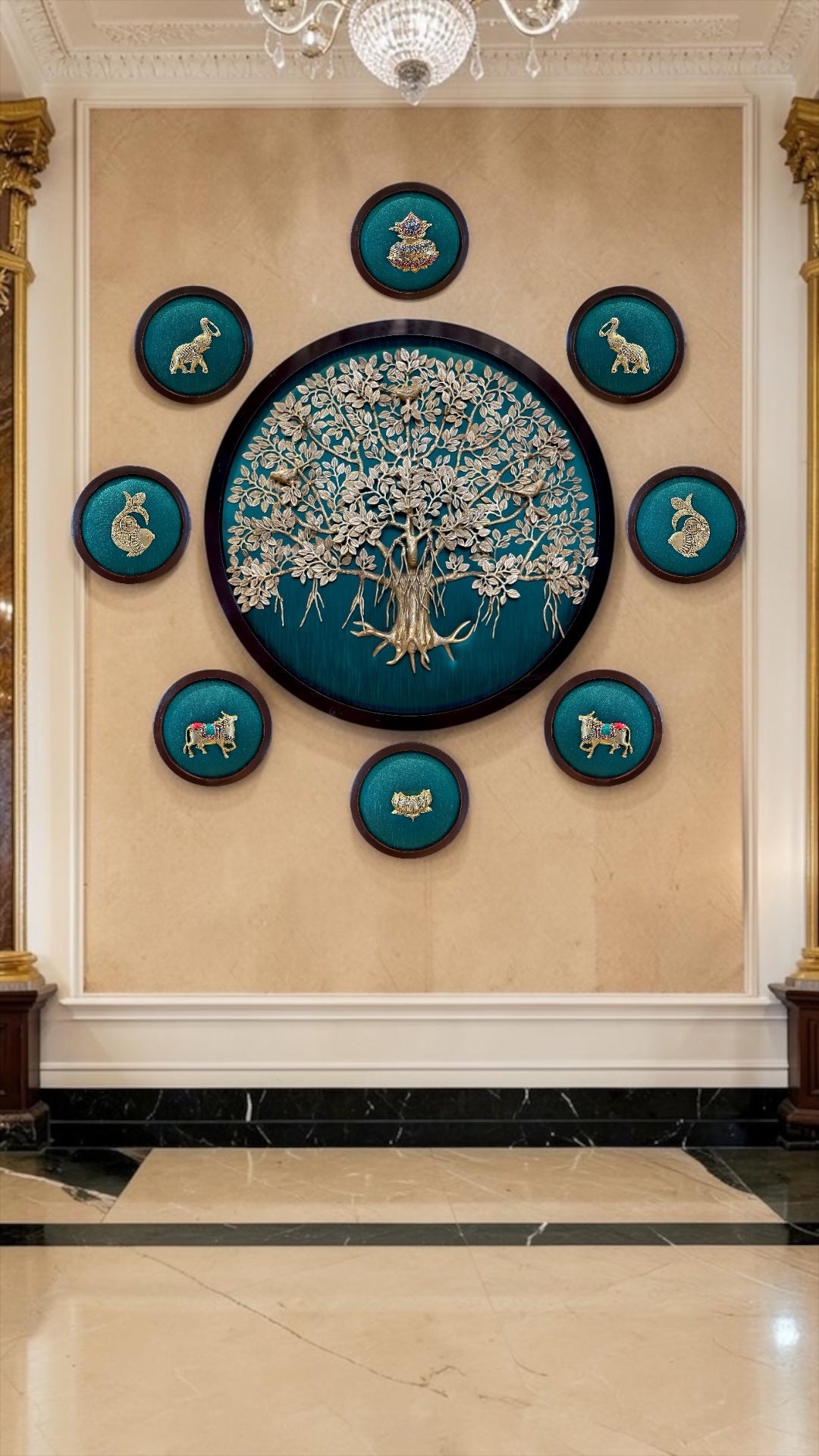 Brass Kalpavriksha Wall Art with 8 Auspicious Elements | Green Silk Backdrop Wooden Frame.