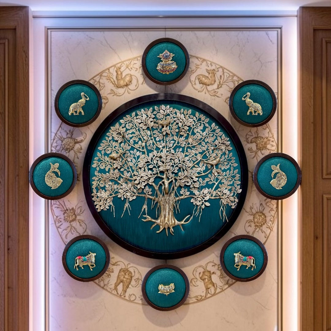 Brass Kalpavriksha Wall Art with 8 Auspicious Elements | Green Silk Backdrop Wooden Frame.
