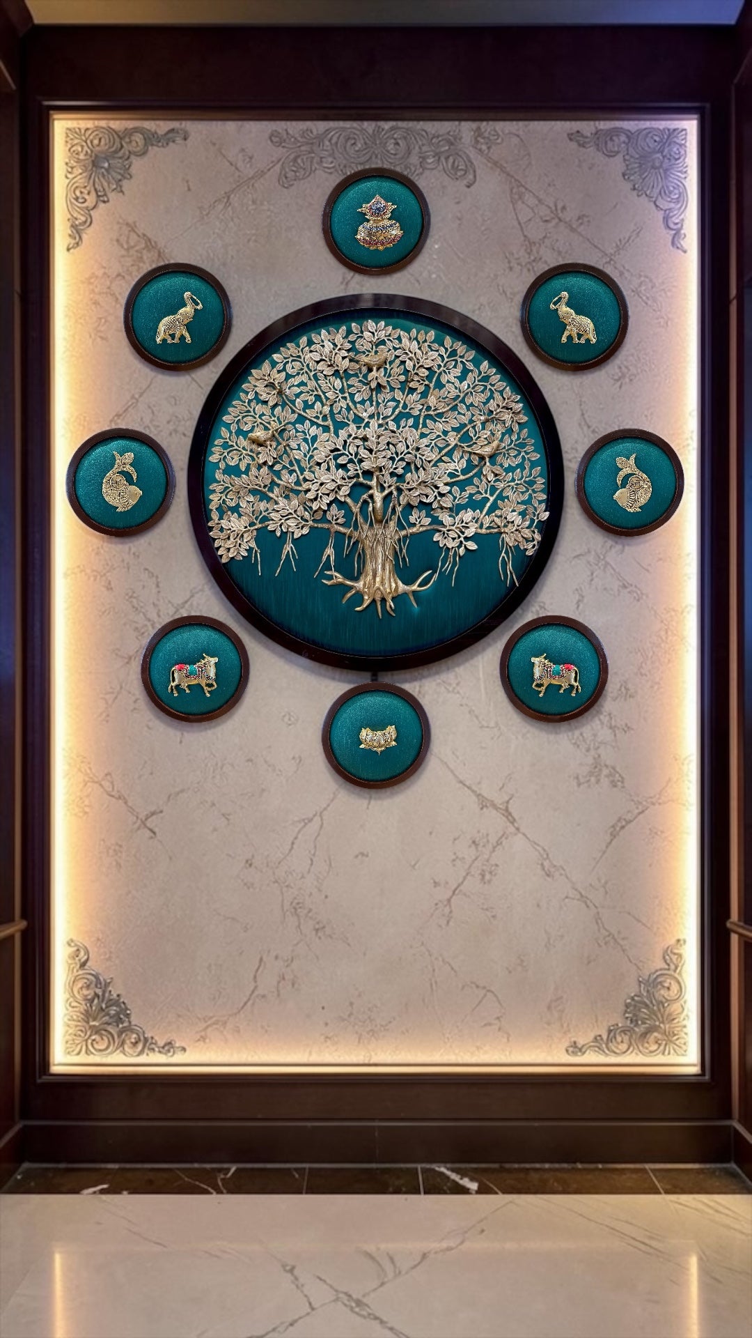 Brass Kalpavriksha Wall Art with 8 Auspicious Elements | Green Silk Backdrop Wooden Frame.
