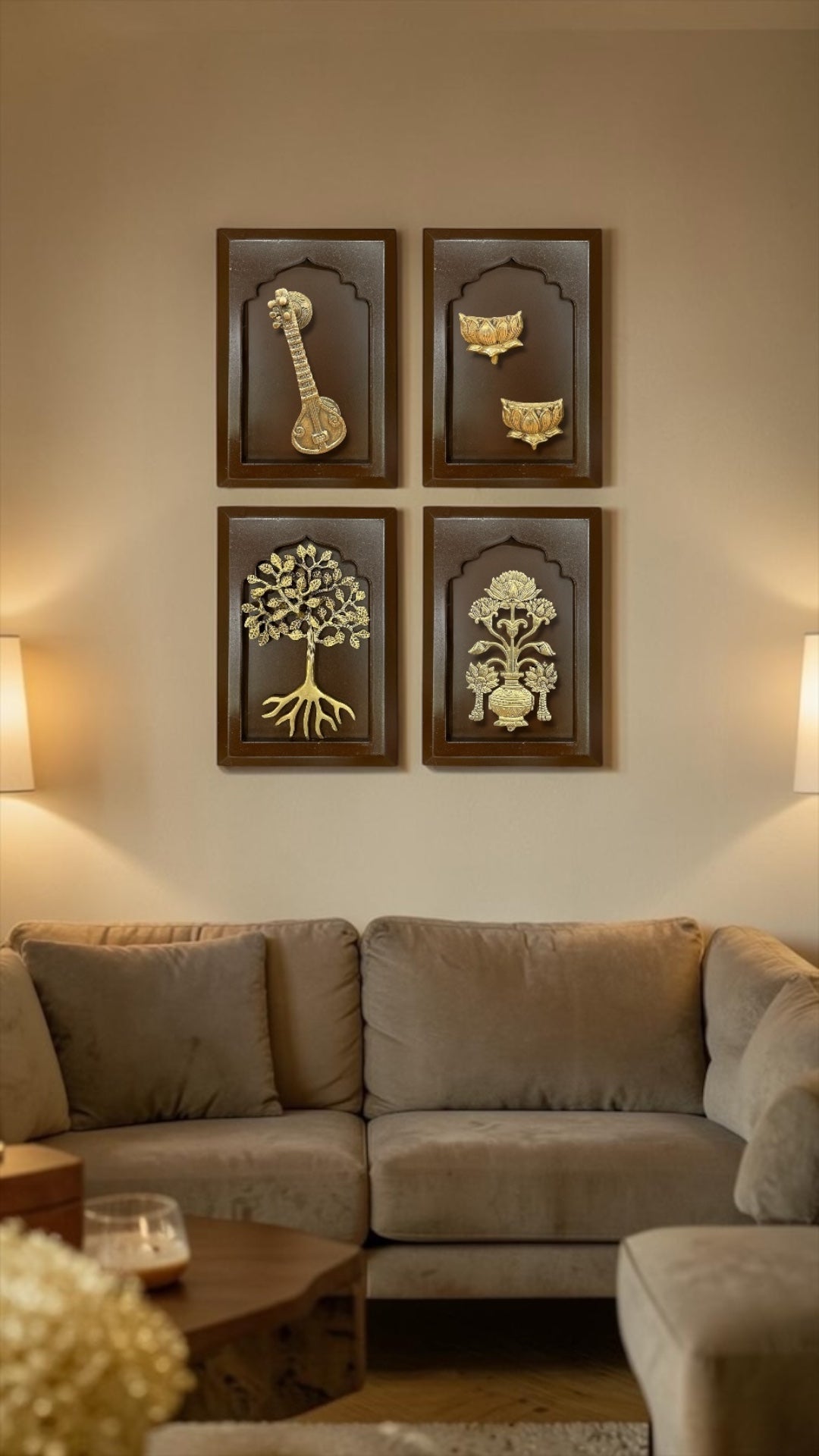 Brass Vastu Wall Art Set – Veena, Lotus, Bilva Tree & Sacred Pushpa in Engineered Wooden Frames | Traditional Home Decor.