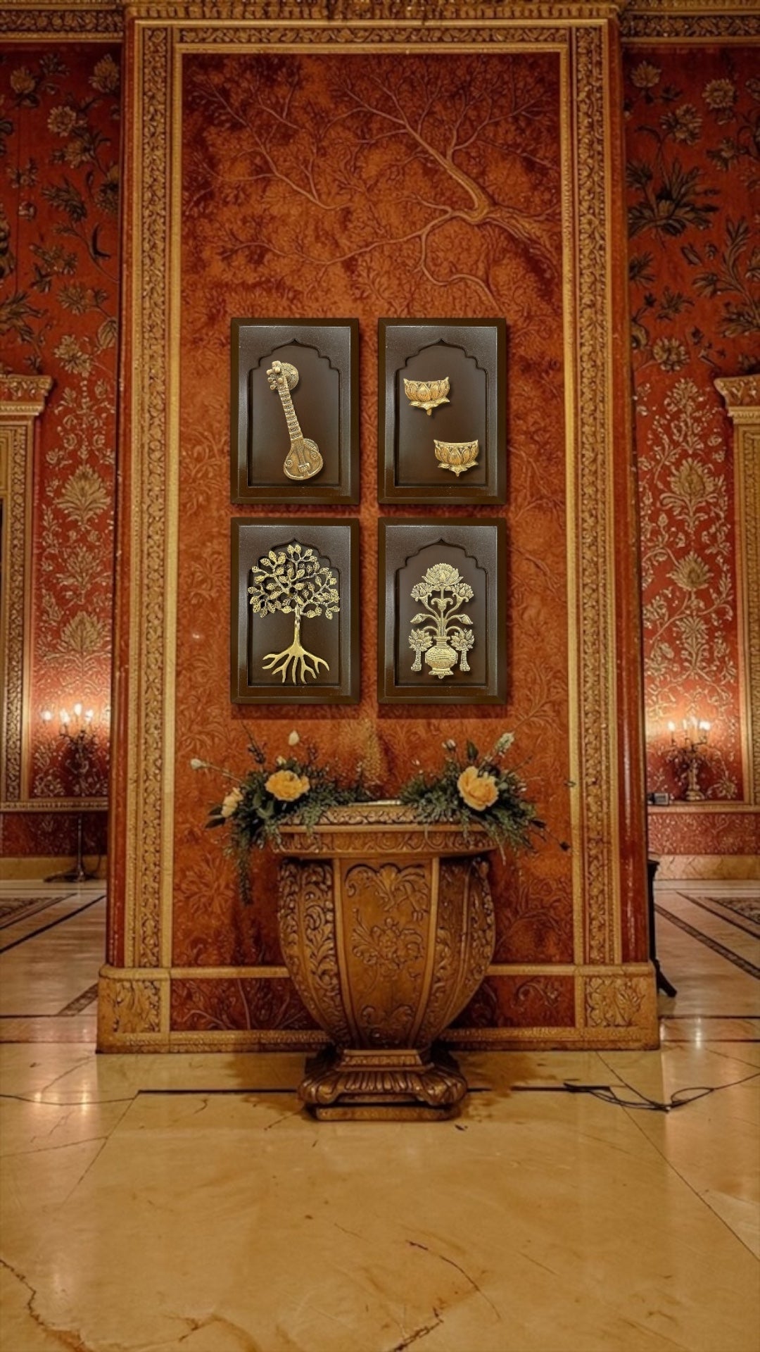 Brass Vastu Wall Art Set – Veena, Lotus, Bilva Tree & Sacred Pushpa in Engineered Wooden Frames | Traditional Home Decor.