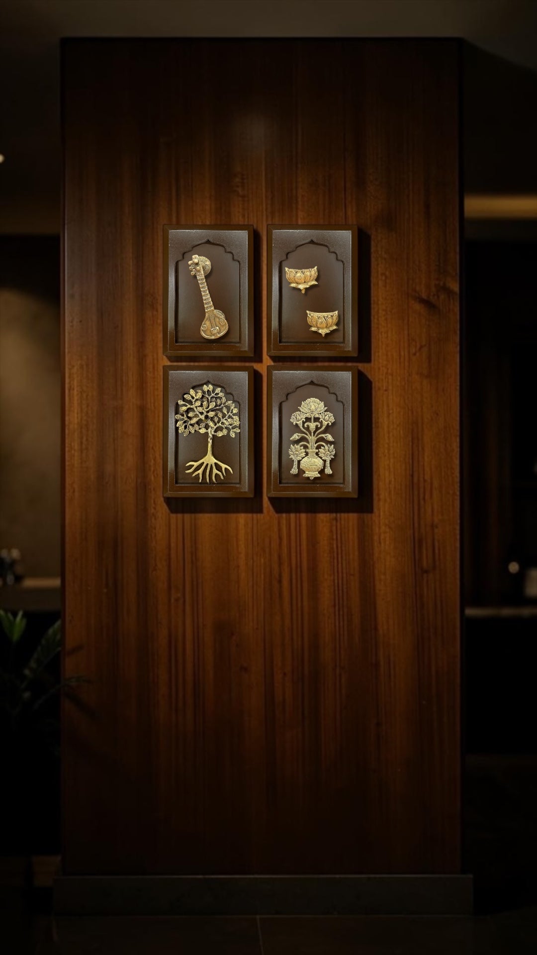 Brass Vastu Wall Art Set – Veena, Lotus, Bilva Tree & Sacred Pushpa in Engineered Wooden Frames | Traditional Home Decor.