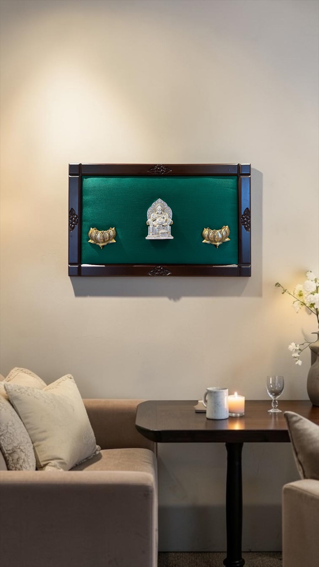 Silver Kuber Wall Art with Brass Lotus | Luxury Wooden Frame Green Silk Backdrop Decor.