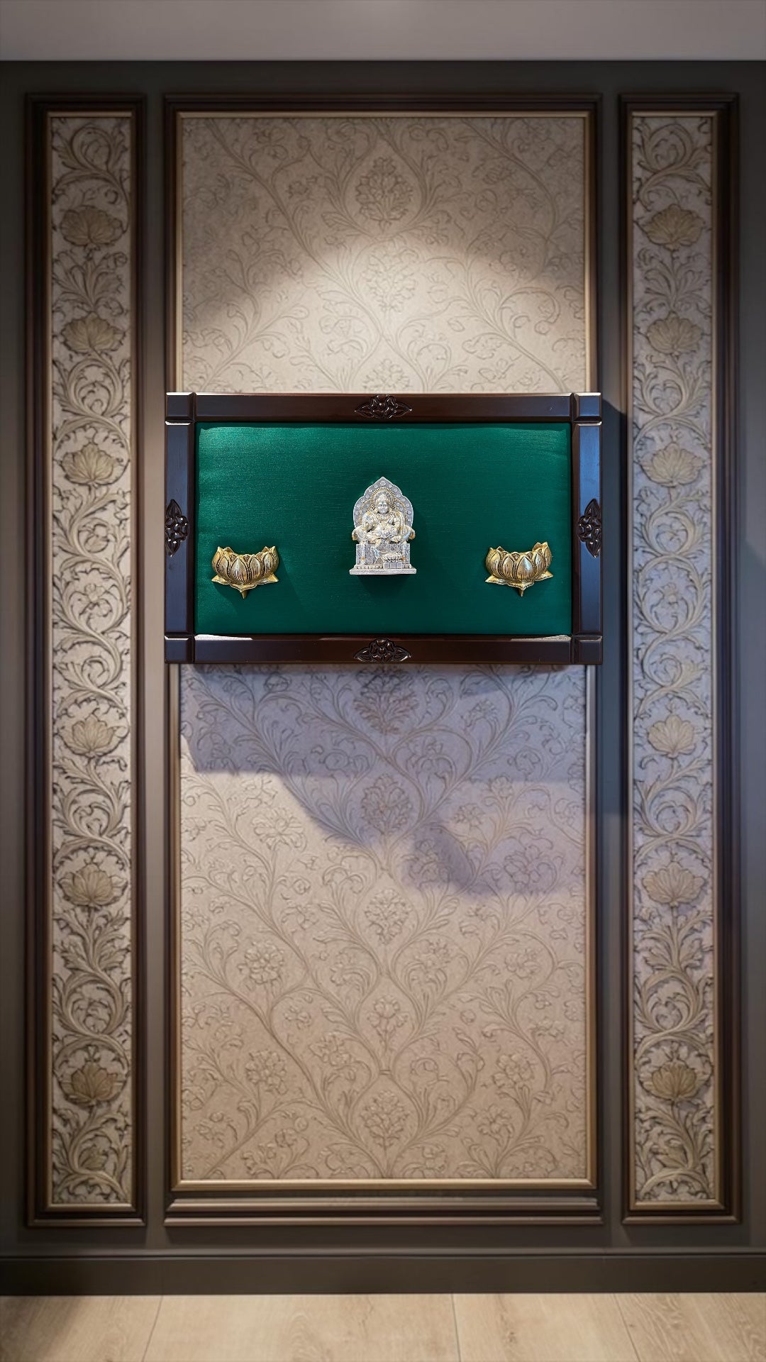 Silver Kuber Wall Art with Brass Lotus | Luxury Wooden Frame Green Silk Backdrop Decor.