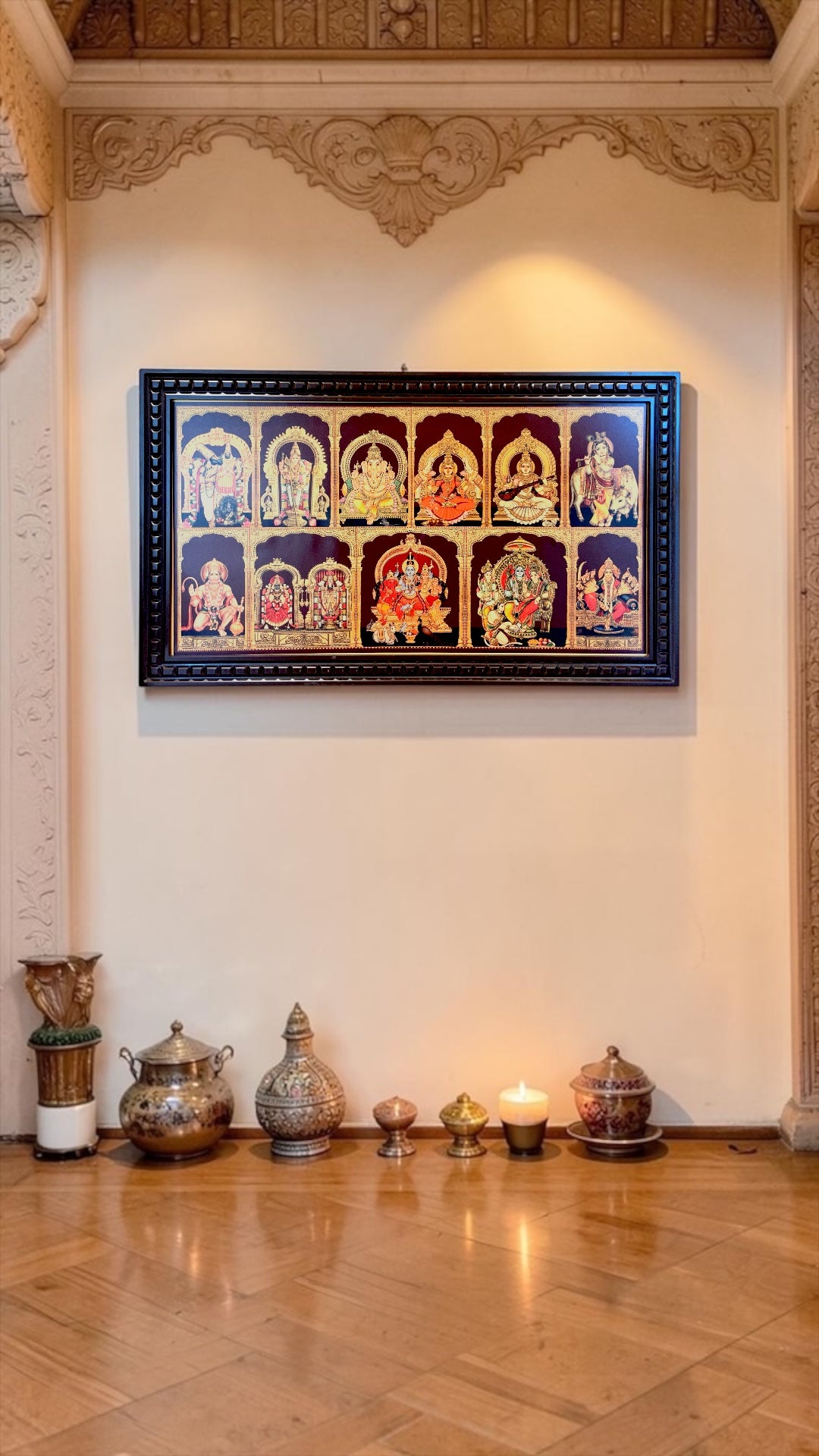 11 Gods Gold Leaf Wall Art Frame | Premium Pooja Room Decor | Luxury Wooden Temple Frame with Divine Collection