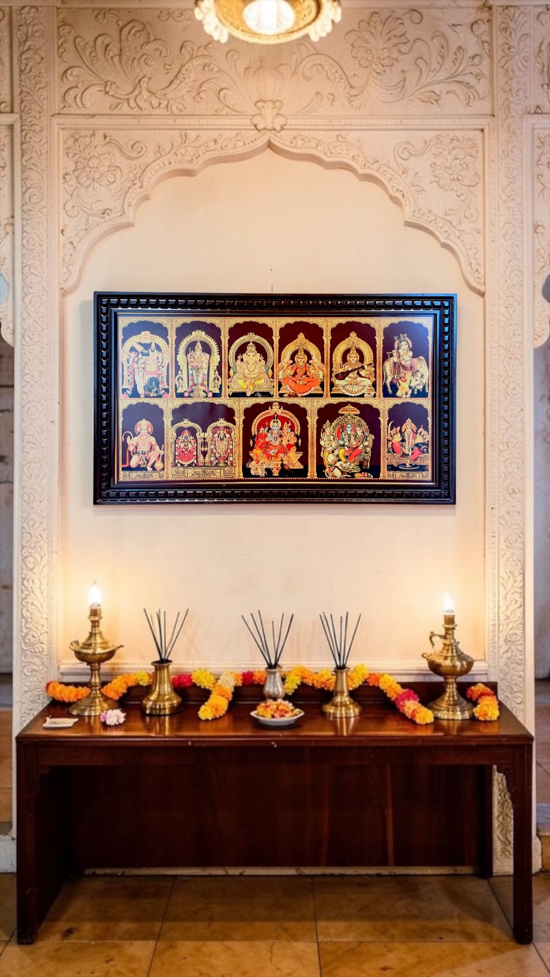 11 Gods Gold Leaf Wall Art Frame | Premium Pooja Room Decor | Luxury Wooden Temple Frame with Divine Collection