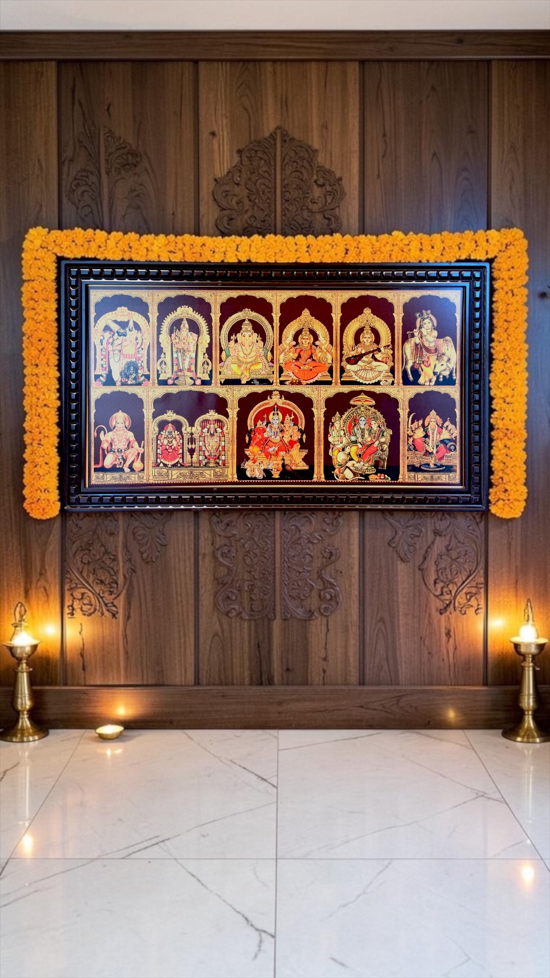11 Gods Gold Leaf Wall Art Frame | Premium Pooja Room Decor | Luxury Wooden Temple Frame with Divine Collection