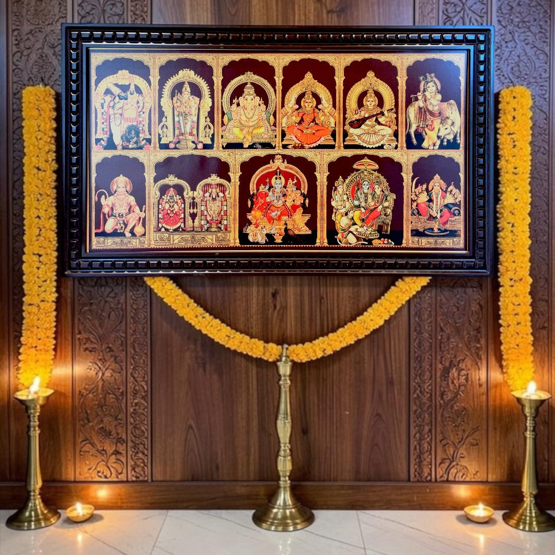 11 Gods Gold Leaf Wall Art Frame | Premium Pooja Room Decor | Luxury Wooden Temple Frame with Divine Collection