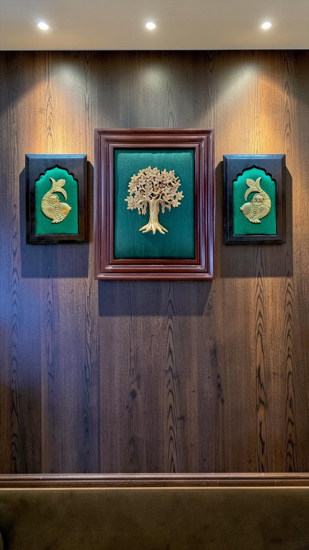 Brass Kalpavriksha Wall Art with Shubh Labh | Vastu Wealth Tree Frame on Green Silk Backdrop