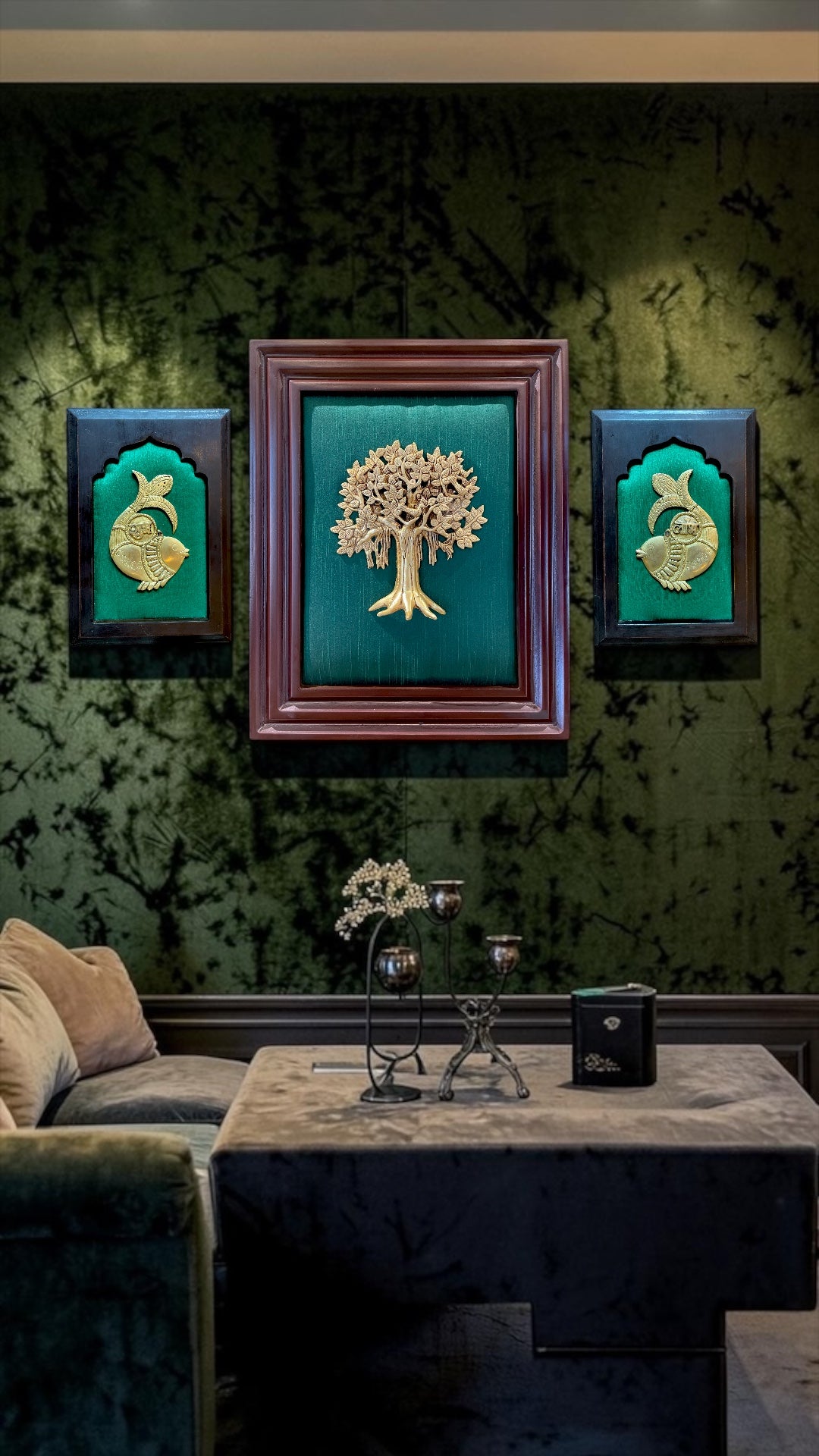 Brass Kalpavriksha Wall Art with Shubh Labh | Vastu Wealth Tree Frame on Green Silk Backdrop