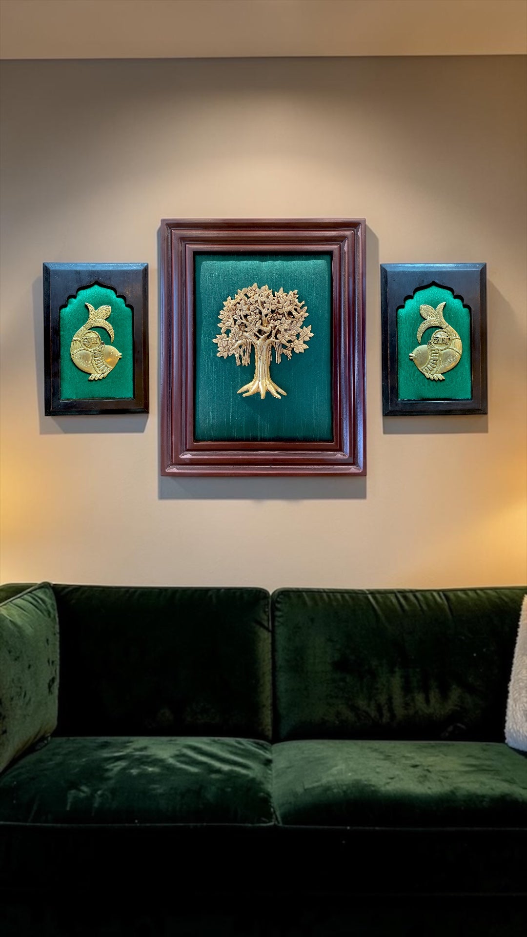 Brass Kalpavriksha Wall Art with Shubh Labh | Vastu Wealth Tree Frame on Green Silk Backdrop