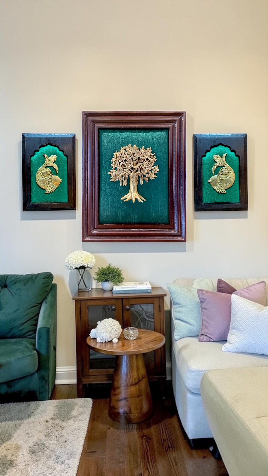 Brass Kalpavriksha Wall Art with Shubh Labh | Vastu Wealth Tree Frame on Green Silk Backdrop