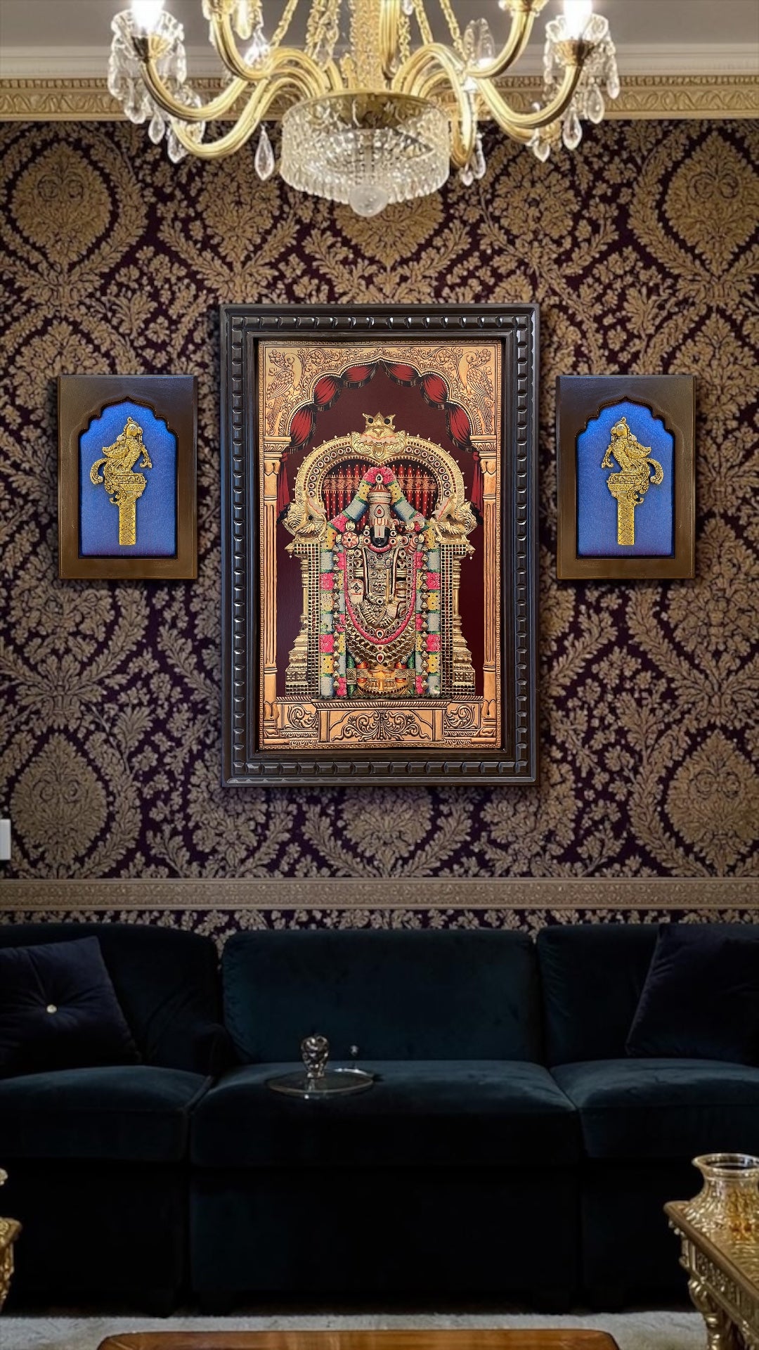 Tirupati Balaji Gold Leaf Wall Art with Brass Parrots | Premium Pooja Room Decor