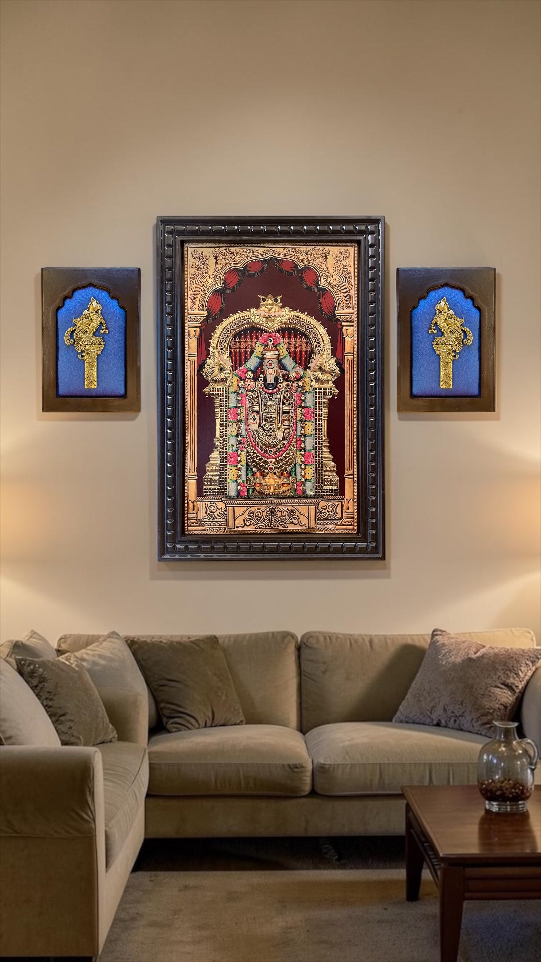 Tirupati Balaji Gold Leaf Wall Art with Brass Parrots | Premium Pooja Room Decor