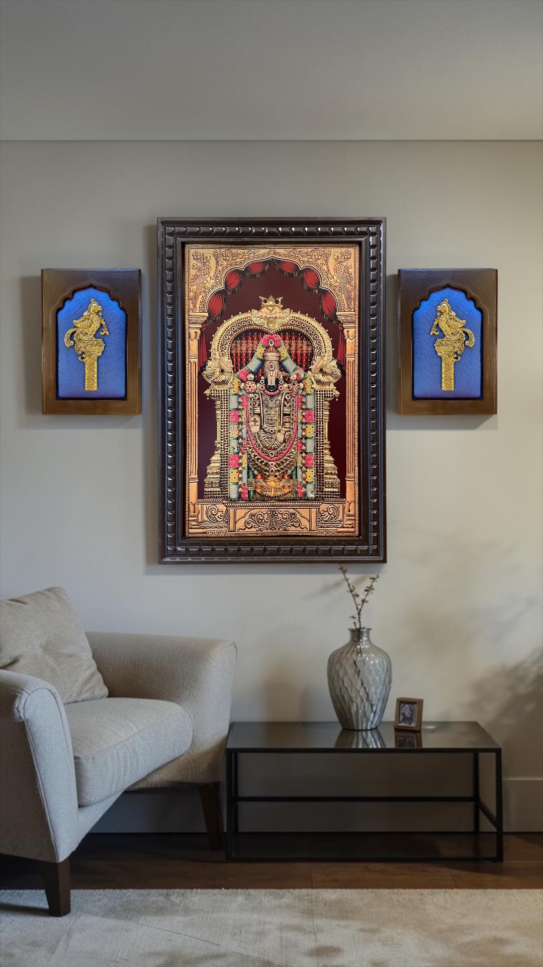 Tirupati Balaji Gold Leaf Wall Art with Brass Parrots | Premium Pooja Room Decor