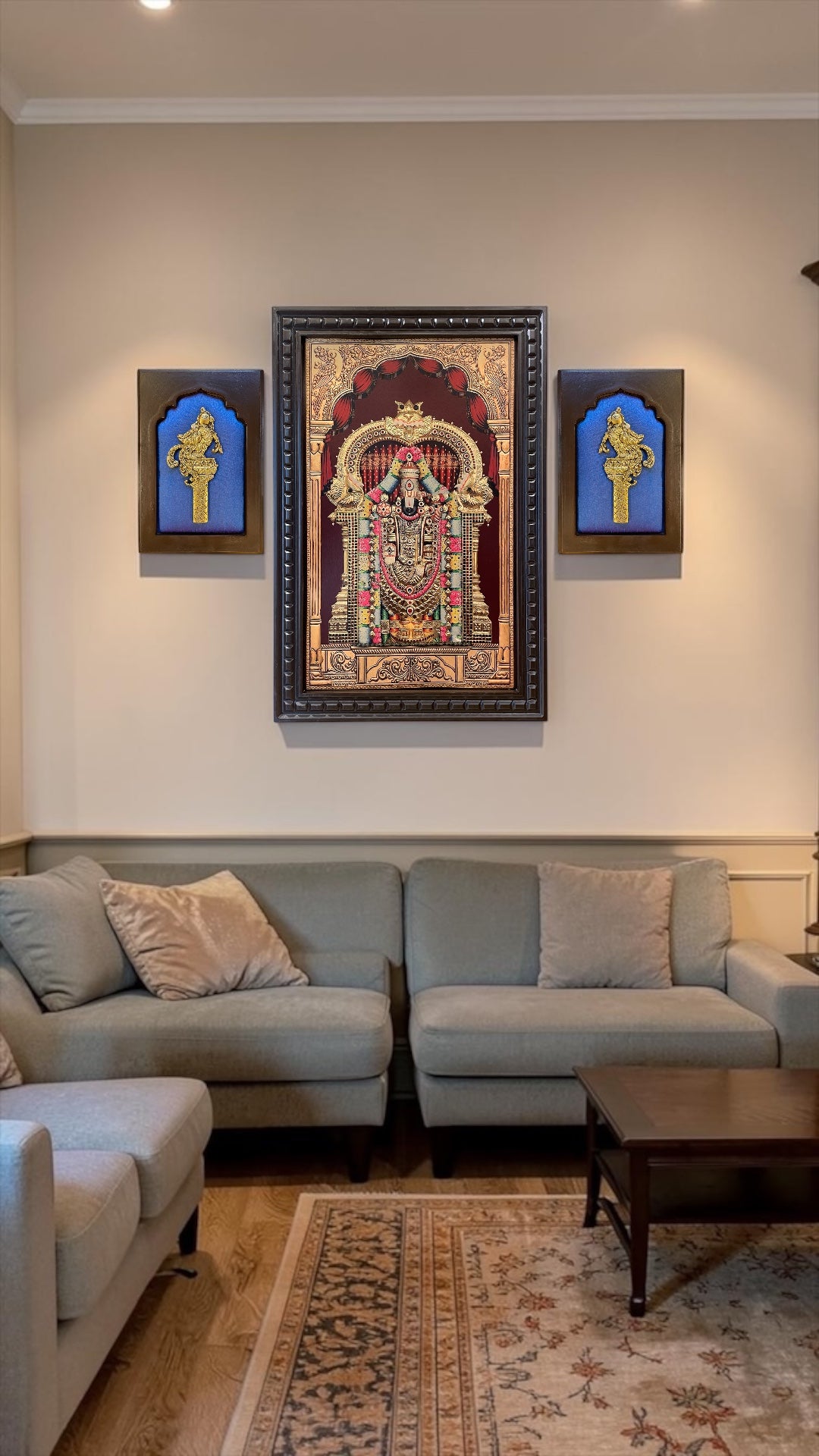 Tirupati Balaji Gold Leaf Wall Art with Brass Parrots | Premium Pooja Room Decor