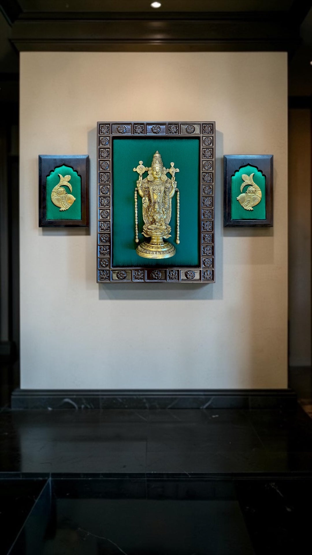 Tirupati Balaji Brass Wall Art with Shubh Labh | Luxury Green Silk Frame.