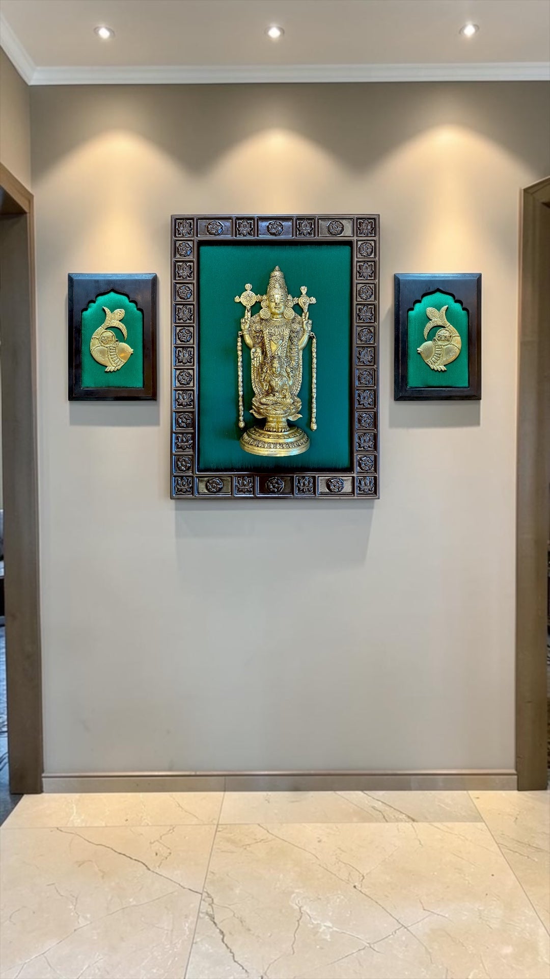 Tirupati Balaji Brass Wall Art with Shubh Labh | Luxury Green Silk Frame.