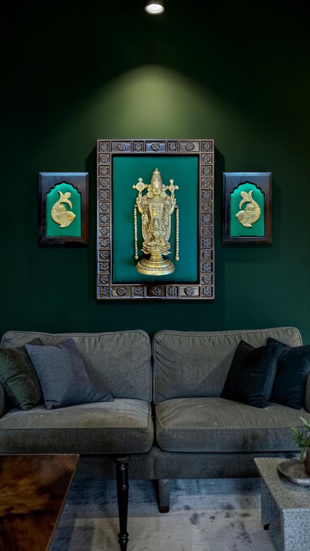 Tirupati Balaji Brass Wall Art with Shubh Labh | Luxury Green Silk Frame.