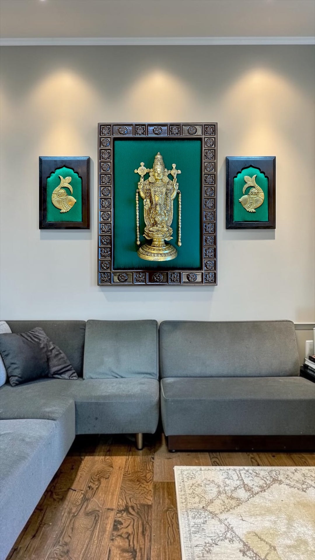 Tirupati Balaji Brass Wall Art with Shubh Labh | Luxury Green Silk Frame.