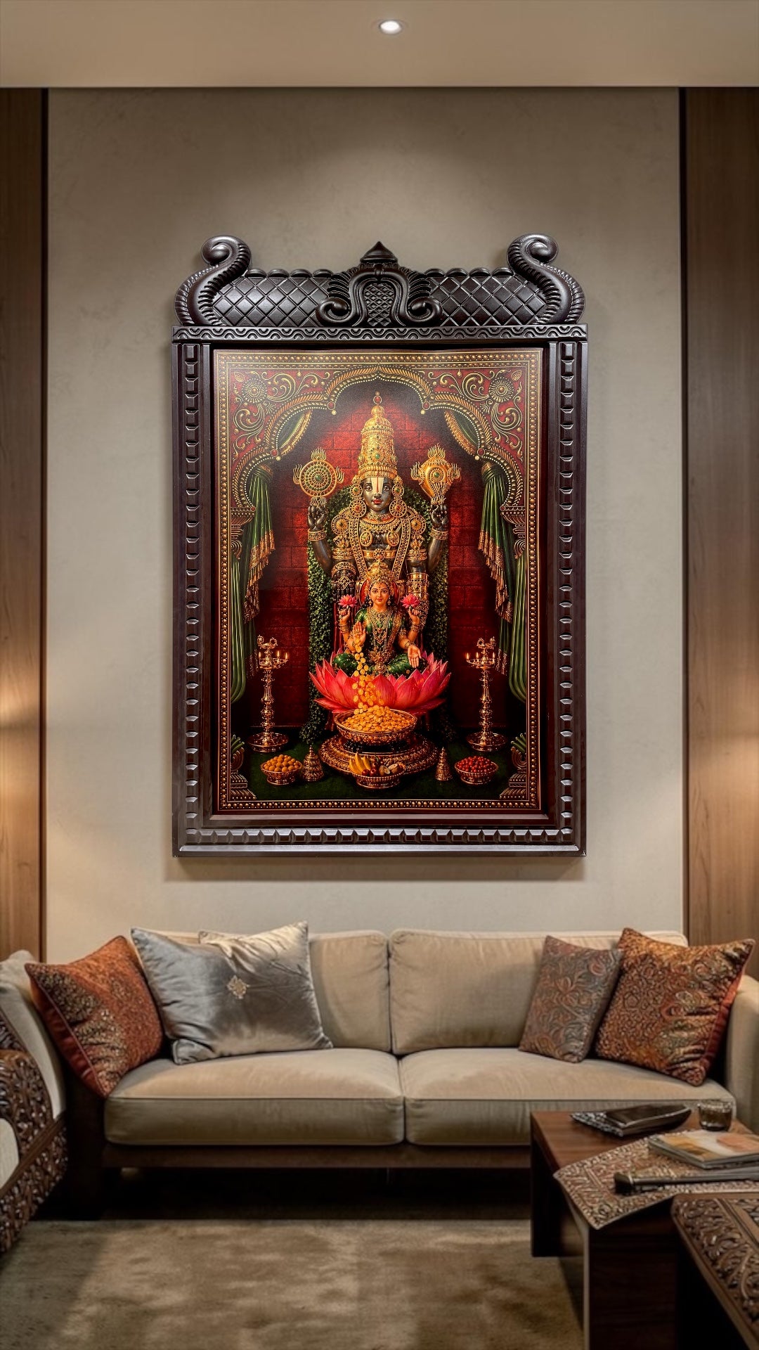 Gold Leaf Tirupati Balaji Art with Temple Arch Wooden Frame | Luxury Divine Wall Decor for Home & Pooja Room