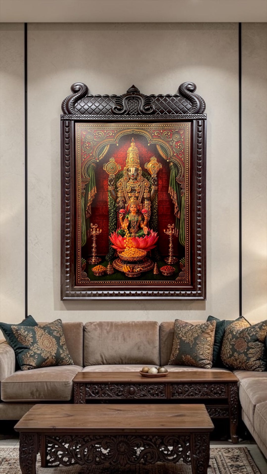 Gold Leaf Tirupati Balaji Art with Temple Arch Wooden Frame | Luxury Divine Wall Decor for Home & Pooja Room