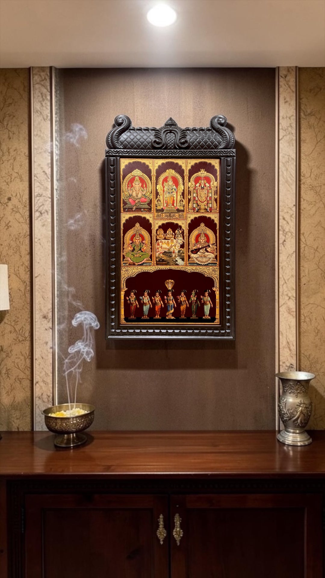 6 Gods with Sapthakanyas Art | Temple Style Arch Wooden Frame