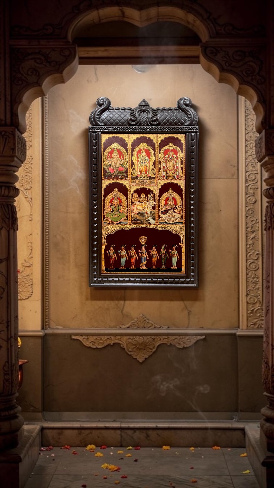 6 Gods with Sapthakanyas Art | Temple Style Arch Wooden Frame