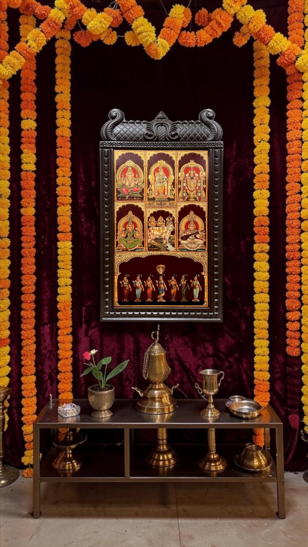 6 Gods with Sapthakanyas Art | Temple Style Arch Wooden Frame