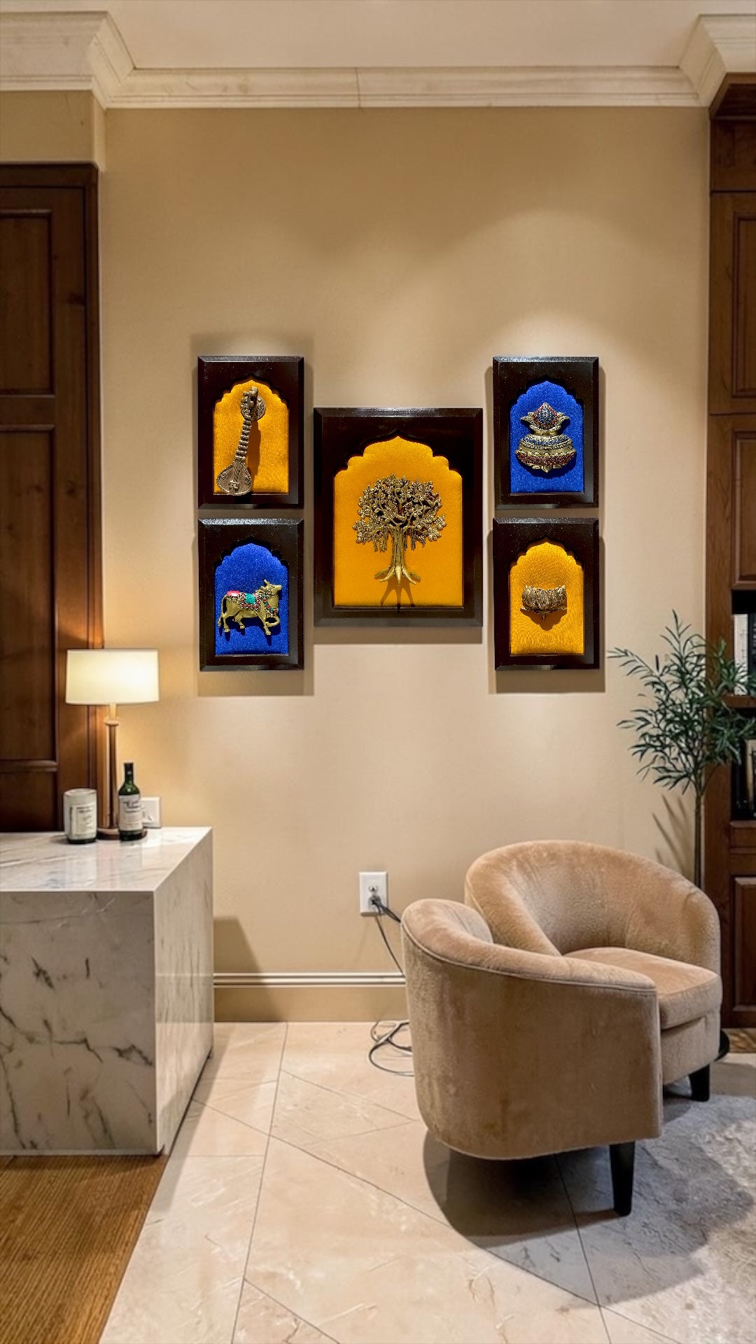 Divine Kalpavriksha Wall Art | Brass 5 Element Decor for Home | Luxury Spiritual Frame.