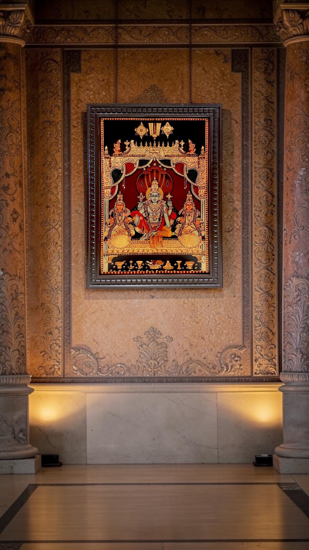 Vishnu Gold Leafed Art Mahavishnu with Bhudevi & Shreedevi  With Wooden Frame
