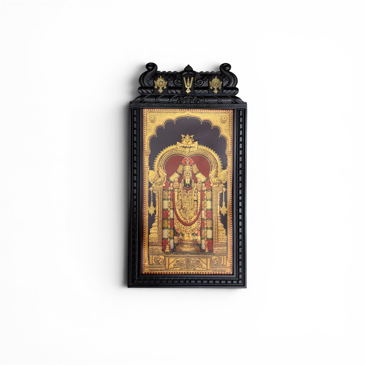 Tirupati Balaji Gold Leaf Art with Brass Shanku Chakra Namam Temple Frame | Premium Wooden Wall Decor for Home & Pooja Room