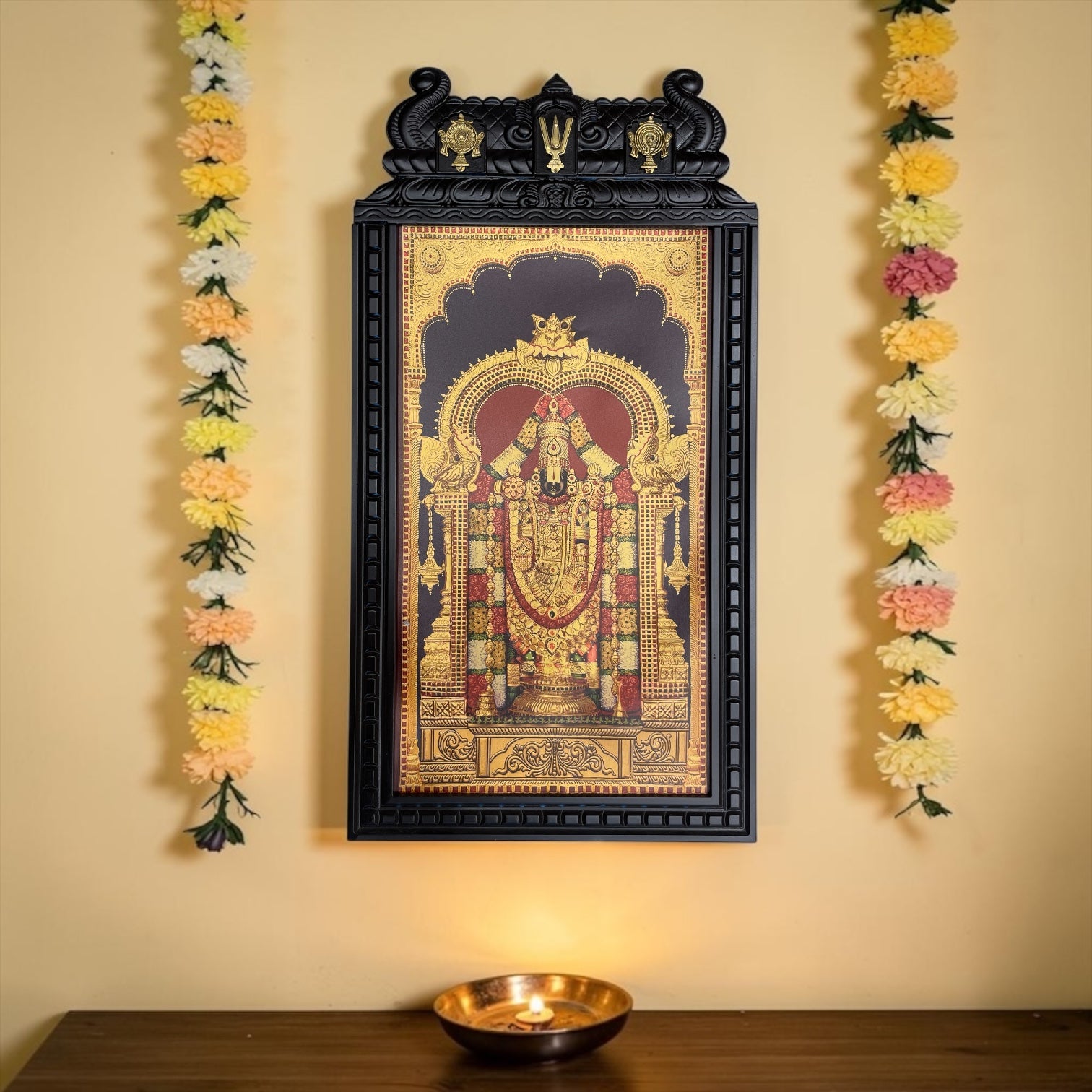 Tirupati Balaji Gold Leaf Art with Brass Shanku Chakra Namam Temple Frame | Premium Wooden Wall Decor for Home & Pooja Room