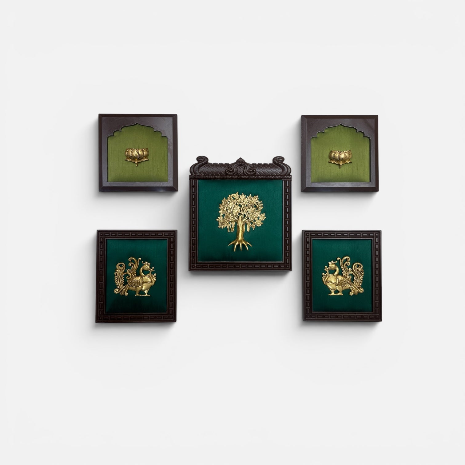 Brass Kalpavriksha, Peacock & Lotus Wall Art Set of 5 Frames | Traditional Wooden Decor for Home & Office