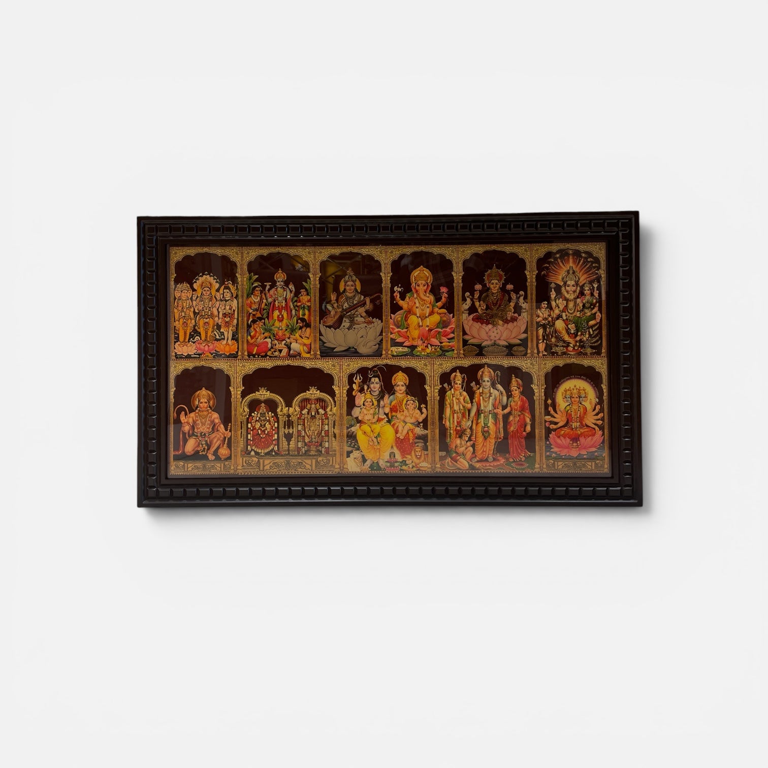 11 Divine Gods Wooden Frame Wall Art | Trimurti, Tirupati Balaji, Shiva Parivar, Ram Darbar, Lakshmi, Ganesha & More | Premium Pooja Room Decor
