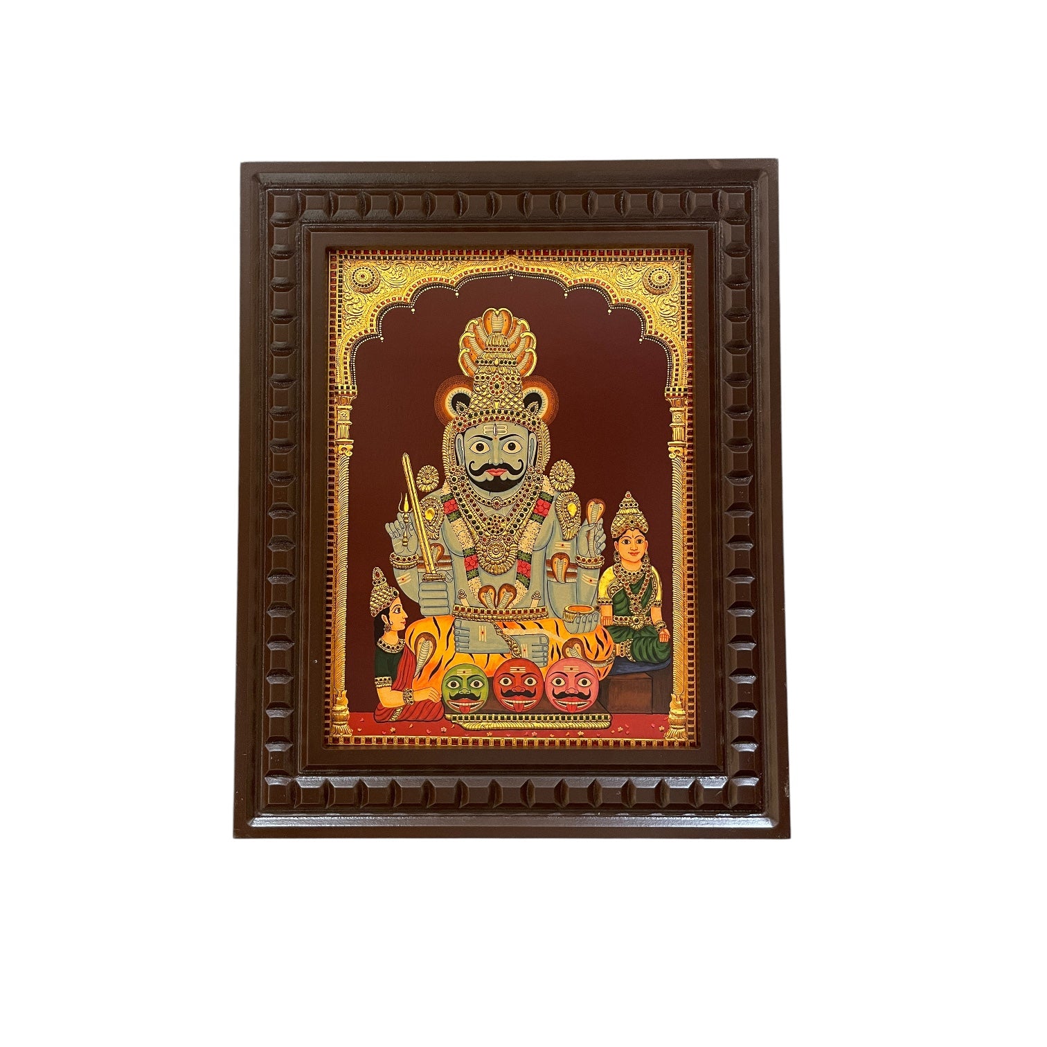 Komuravelli Mallanna Swamy Gold Leaf Art Frame | Premium Wooden Devotional Wall Decor | Divine Hindu God Artwork for Pooja Room