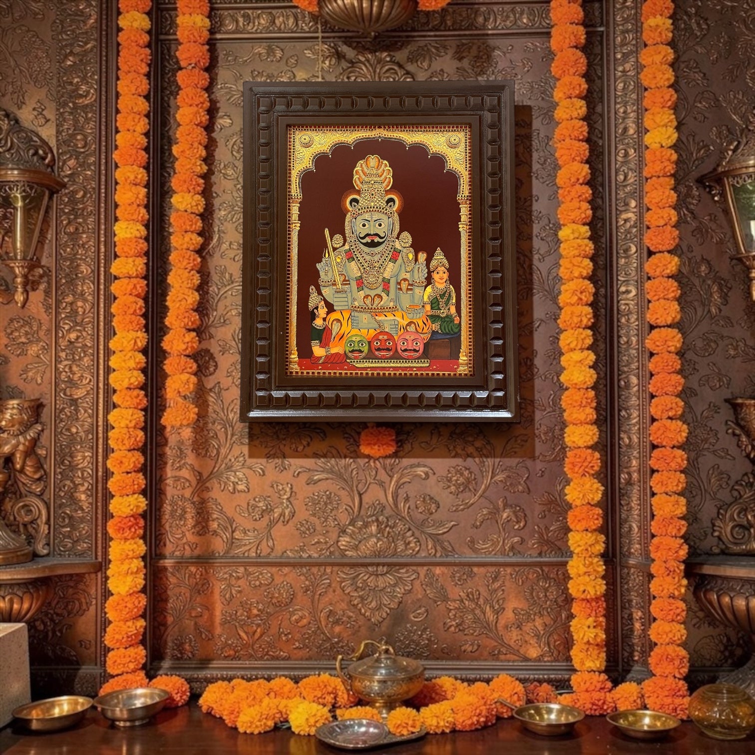 Komuravelli Mallanna Swamy Gold Leaf Art Frame | Premium Wooden Devotional Wall Decor | Divine Hindu God Artwork for Pooja Room