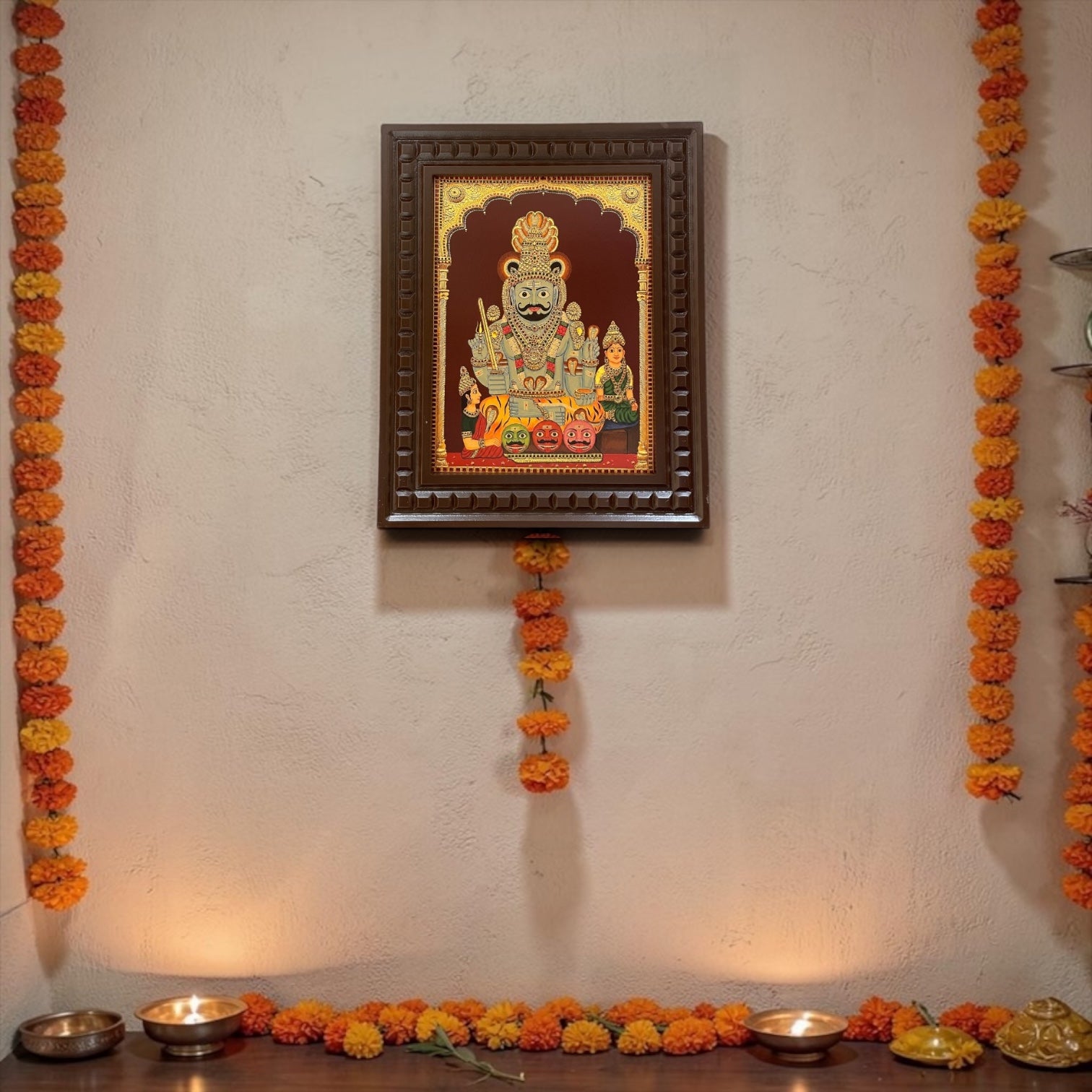 Komuravelli Mallanna Swamy Gold Leaf Art Frame | Premium Wooden Devotional Wall Decor | Divine Hindu God Artwork for Pooja Room
