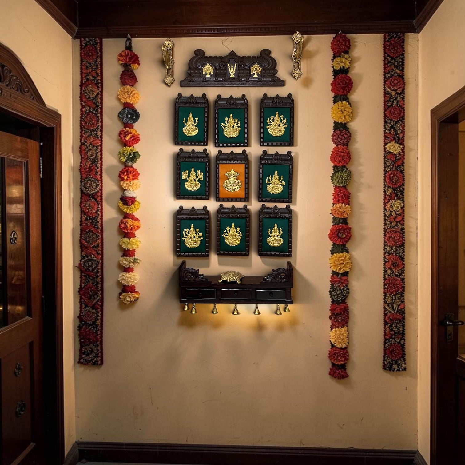Ashta Lakshmi Wall Art Set with Central Kalash for Pooja Room | Premium Divine 9-Frame Wooden Panel Set