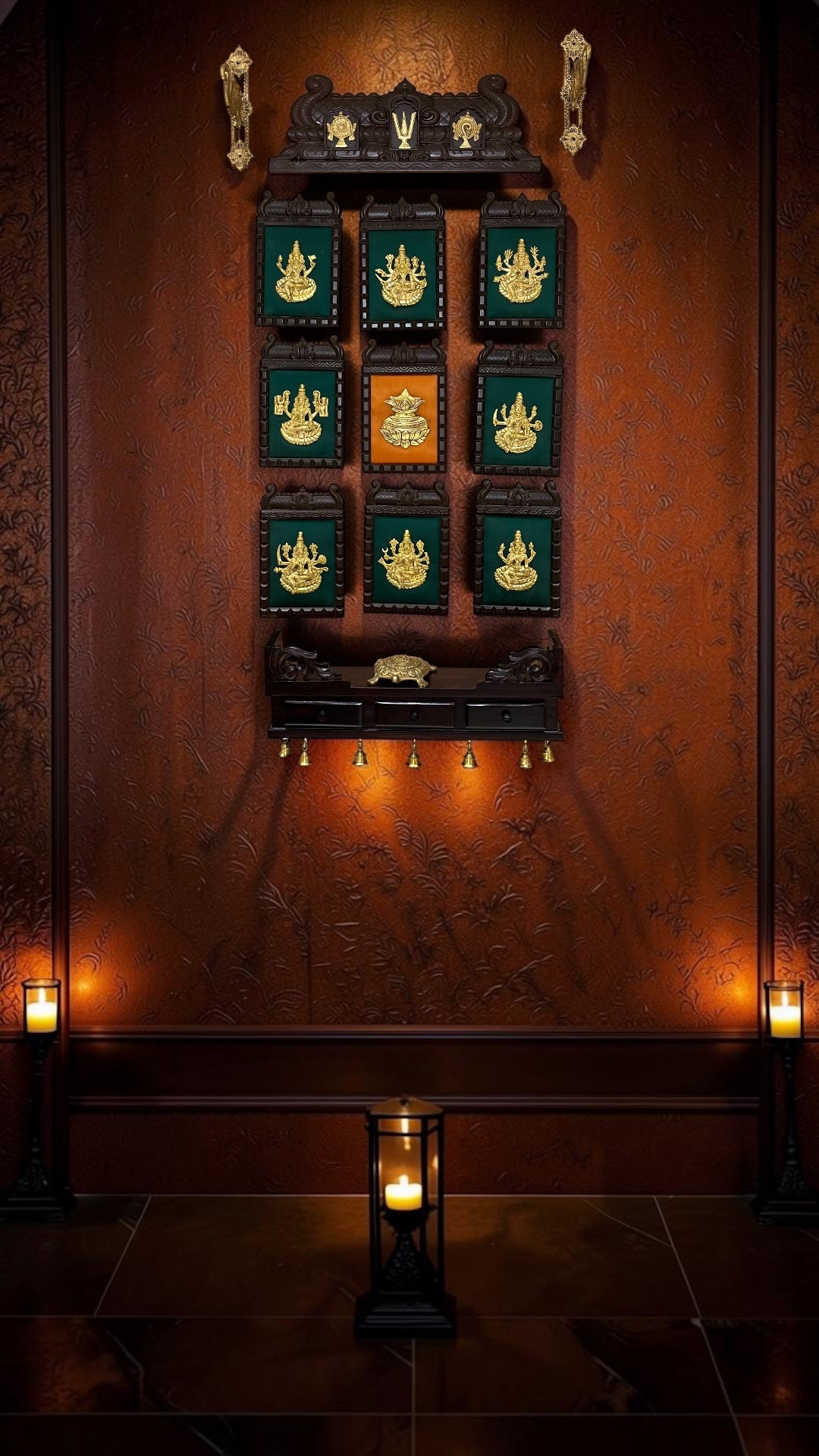 Ashta Lakshmi Wall Art Set with Central Kalash for Pooja Room | Premium Divine 9-Frame Wooden Panel Set