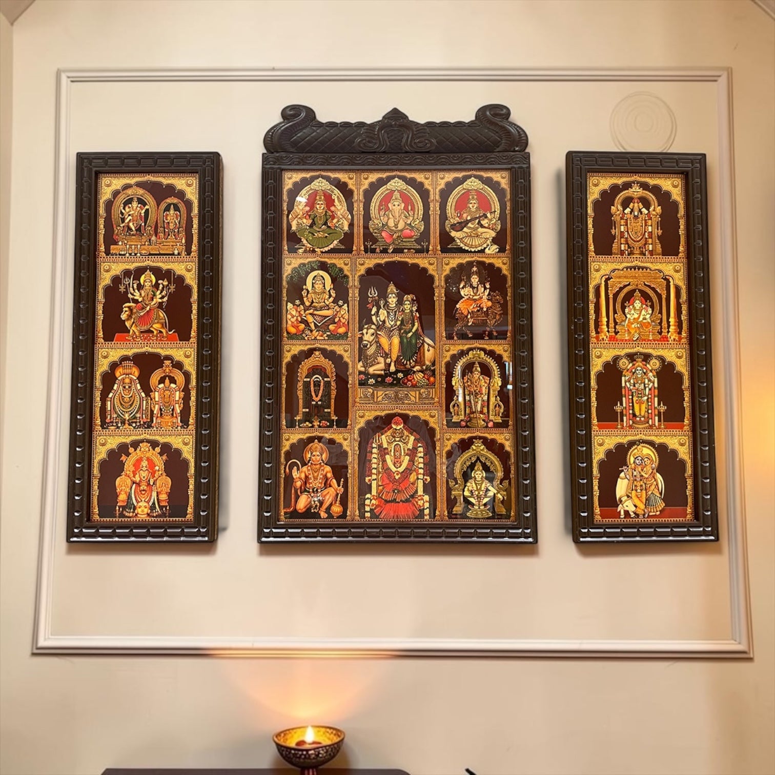 Set of 3 God Frames for Pooja Room | Premium Gold Leaf Artwork | Luxury Hindu Wall Art | Temple Decor by ESTUDIO