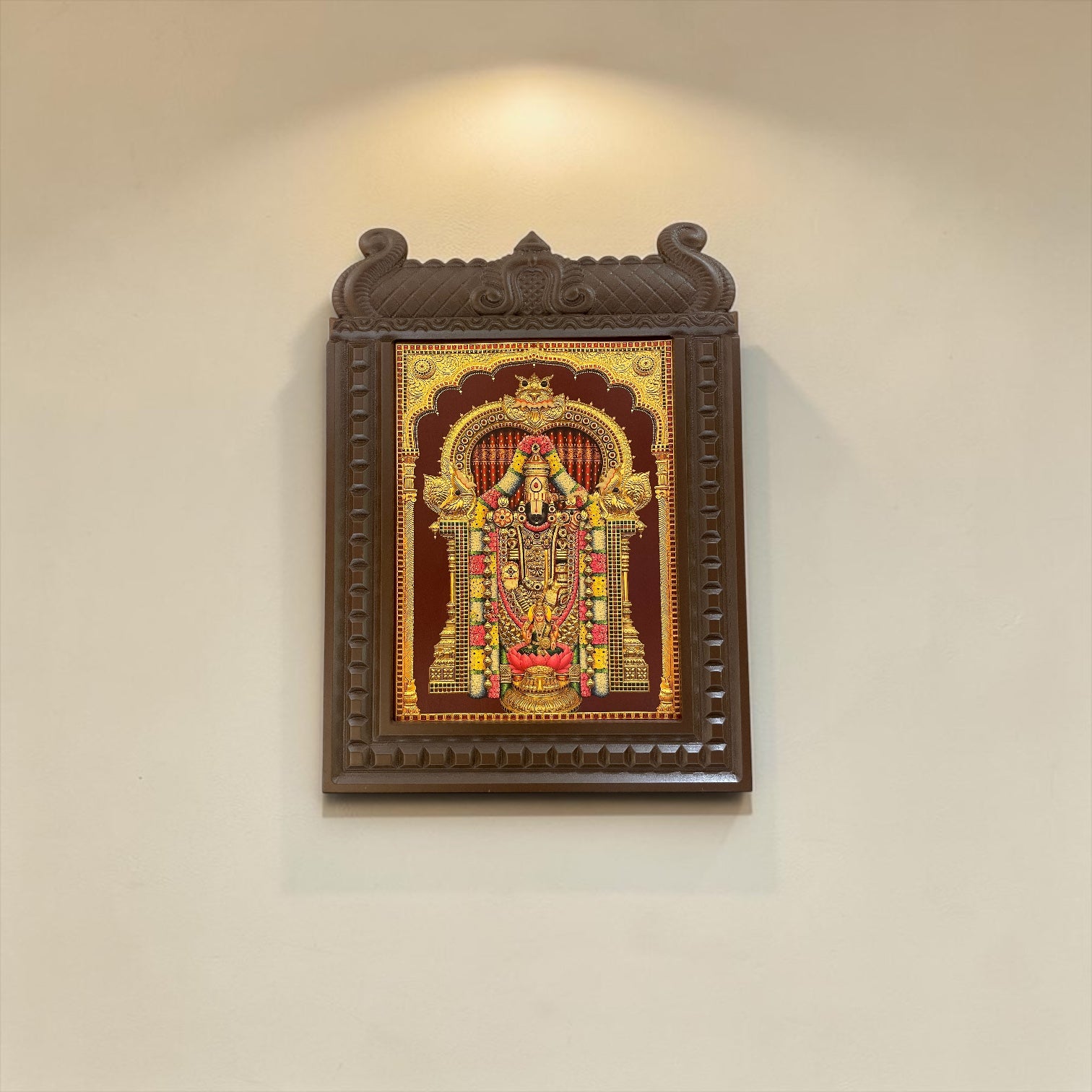 Tirupati Balaji Temple Wooden Frame Wall Art | Premium Lord Venkateswara Devotional Wall Decor | Luxury Pooja Room Frame