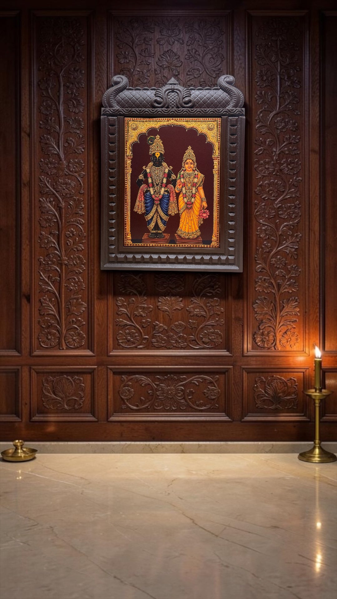Vitthal Rukmini Gold Leaf Artwork Engineered Wood Temple Frame | Premium Wooden Wall Decor for Pooja Room | Luxury Hindu Divine Wall Art